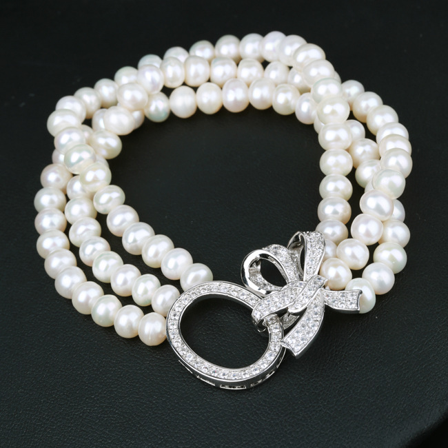 多层天然珍珠925银微镶时尚丝带蝴蝶结圈短项链 青岛珍珠饰品批发