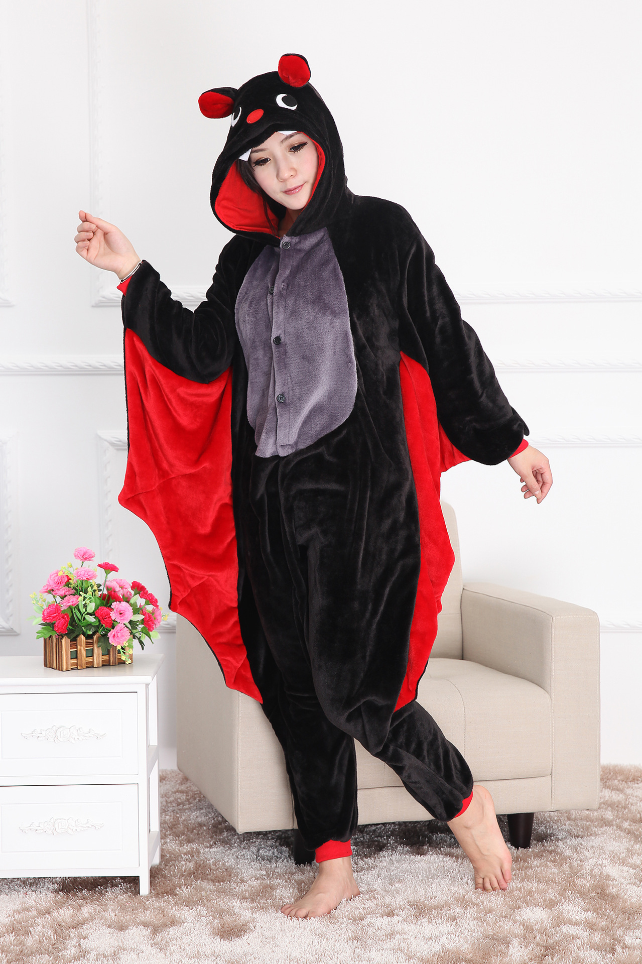 爱情公寓珊瑚绒法兰绒同蝙蝠动物卡通连体睡衣情侣男女家居服