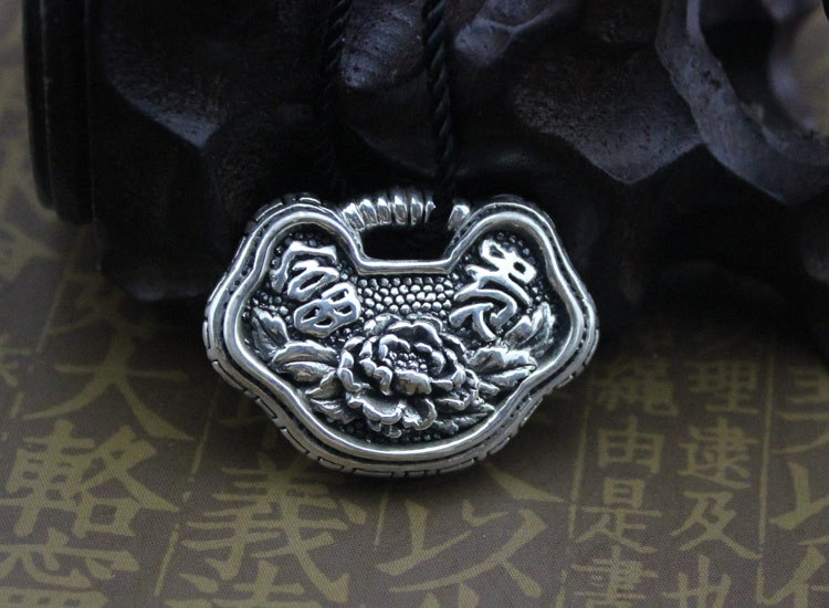 高端925纯银批发泰银3d泰空银长命富贵长命锁女生个性银吊坠坠子