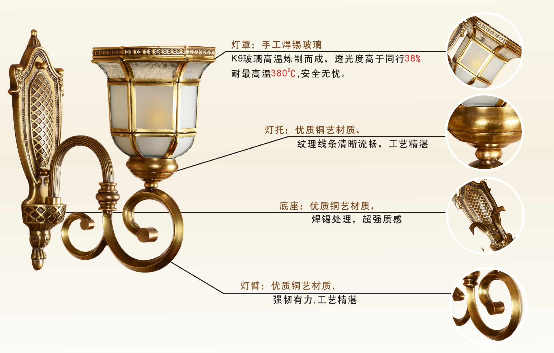 欧美田园风 户外全铜壁灯 产品信息 商品名称:全铜壁灯 商品尺寸:w130