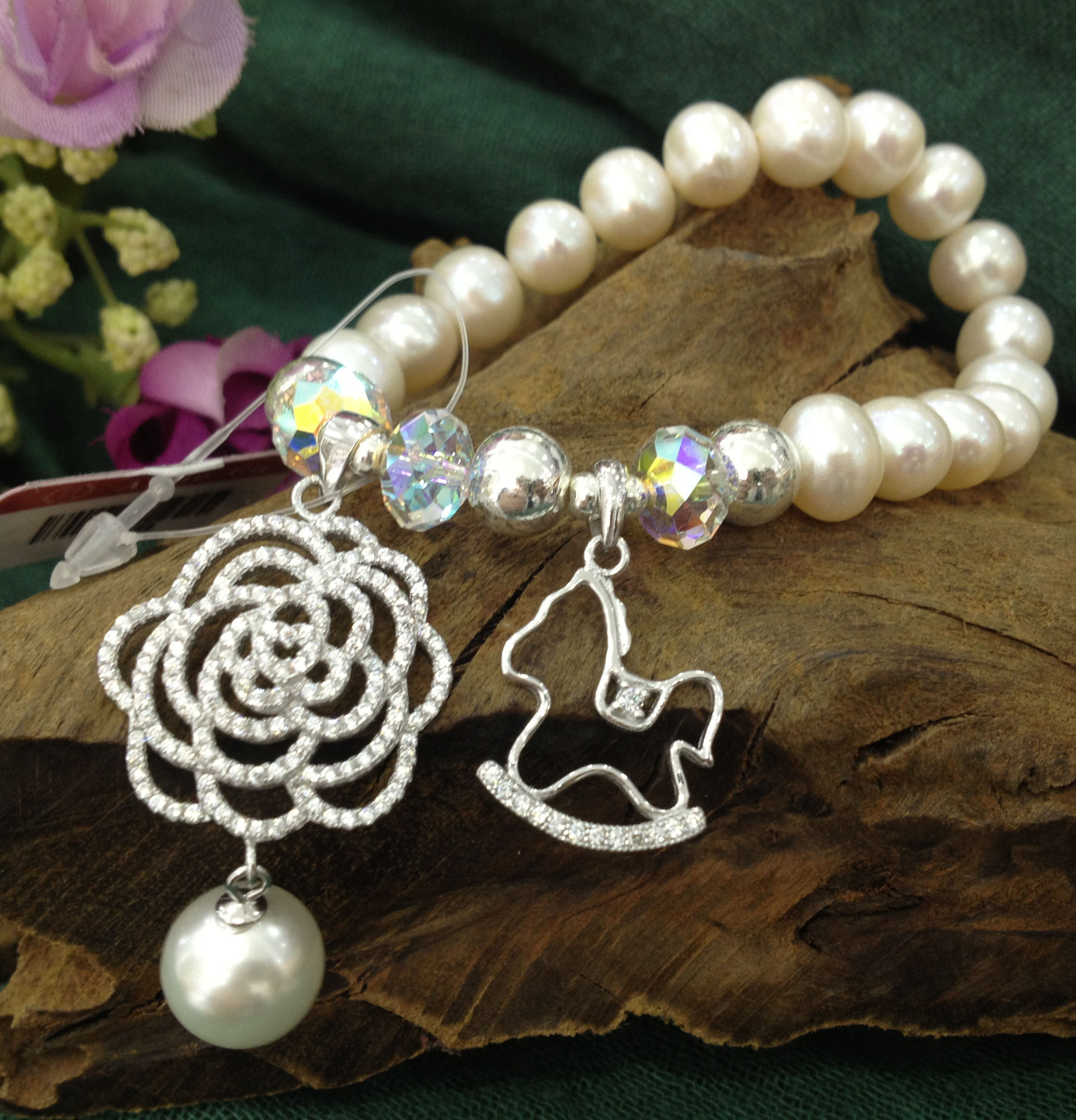 韩国进口正版正品 925纯银 满钻玫瑰花 水晶 珍珠小马手链328xl41