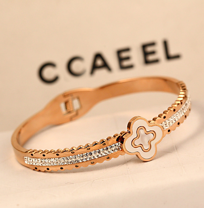 爆款2015时尚四叶草手镯18k玫瑰金镶钻贝壳女士情侣手