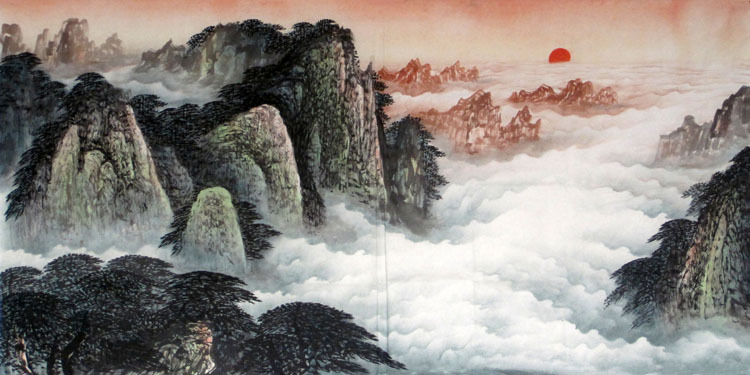 云水谣画坊专做纯手绘有山无水山水画旭日东升al16