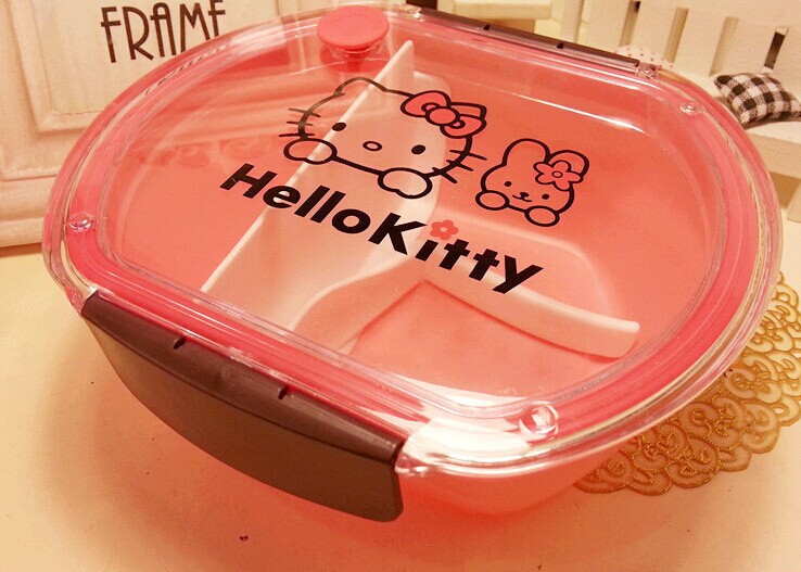 hellokitty可愛學生飯盒kt 微波爐便當盒加厚雙扣防漏送勺子