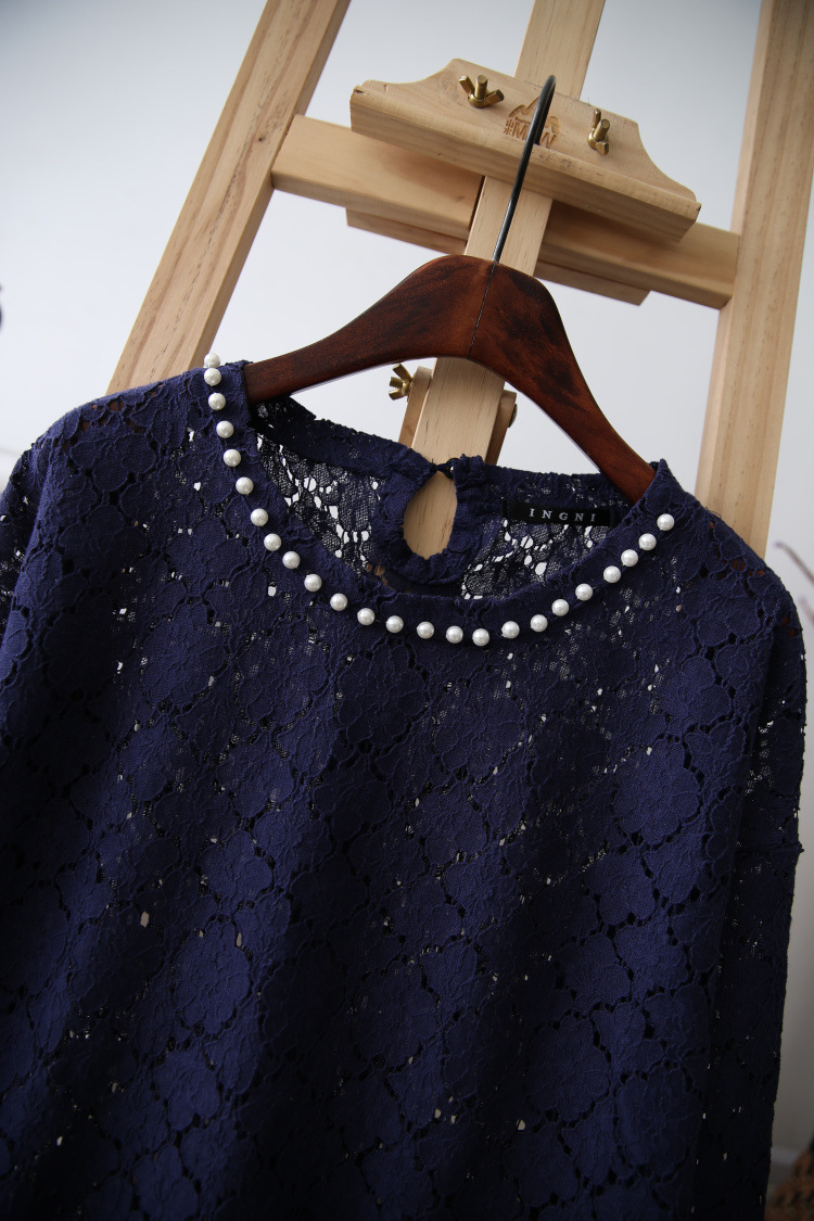 2014春装新款日单ingni领口手工串珠镂空蕾丝拼接下摆打底长袖