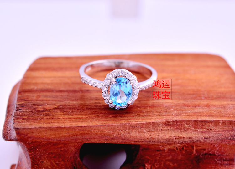 纯天然托帕石戒指女蓝黄玉宝石925纯银戒指银饰复古宫廷jyg57001t