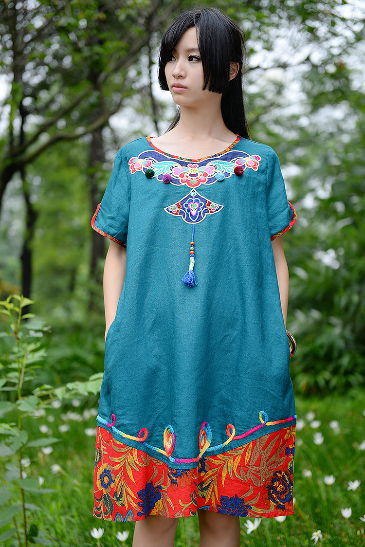 骨朵拼布刺绣民族风棉麻 短袖大码女装上衣连衣裙