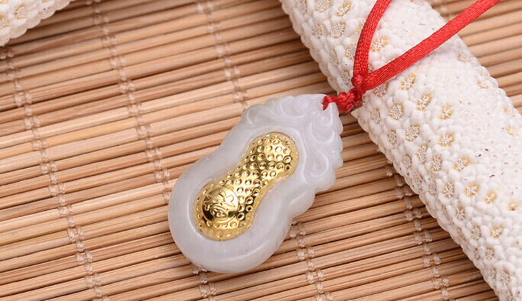 金镶玉 999千足金 金镶缅甸翡翠a货玉 福字花生吊坠 老来福j110