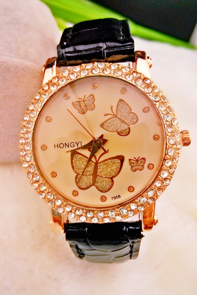 a蝴蝶镶钻表盘女士皮带石英指针手表,女表 厂家直销#9
