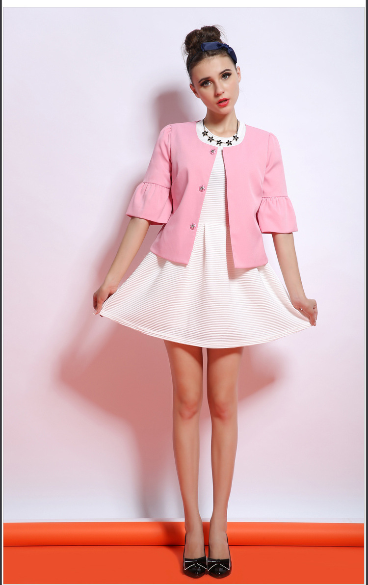 2014冬季新品粉色毛呢外套白短袖两件套连衣裙3691