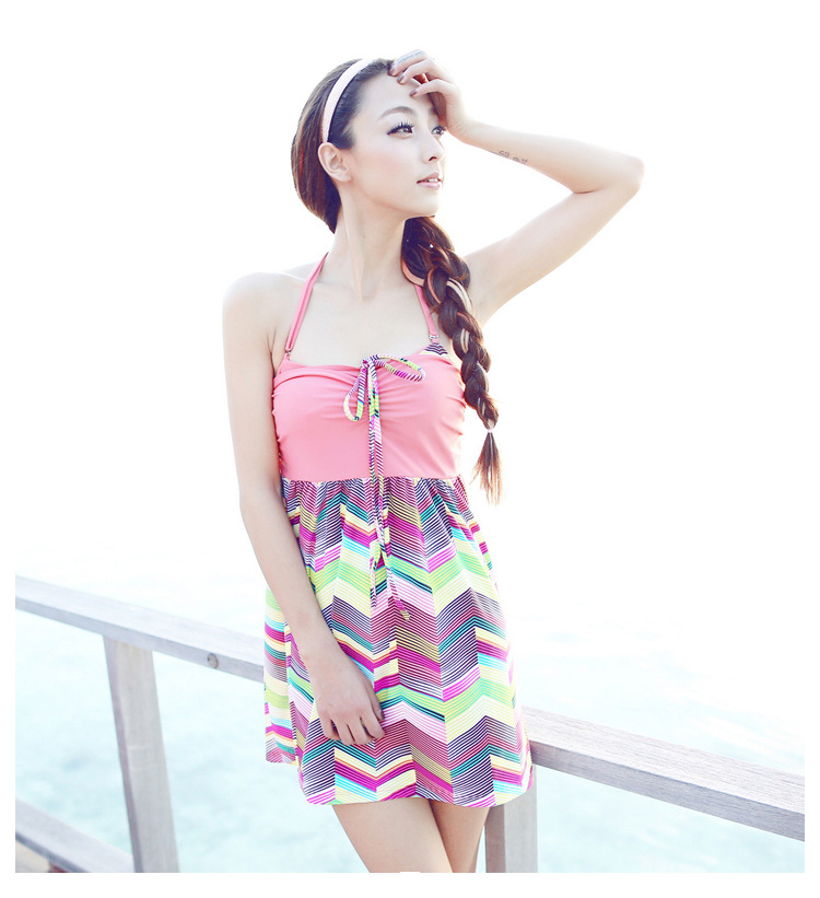 保守温泉裙式比基尼三件套小胸聚拢显瘦泳衣 泳装厂家