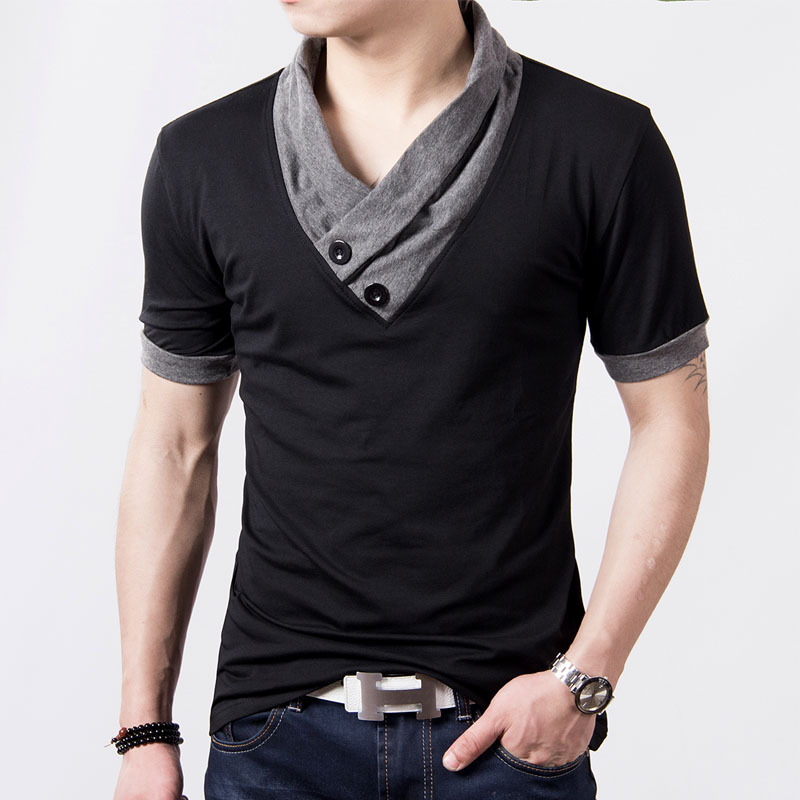 New Fashion Casual Slim fit Solid color V-Neck Short-sleeved men's T ...