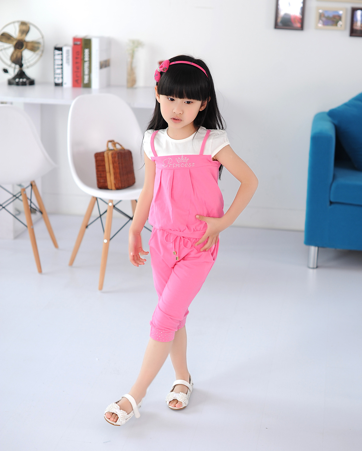 2014夏装新款外贸韩版童装 批发女童纯色假吊带上衣 五分中裤套装