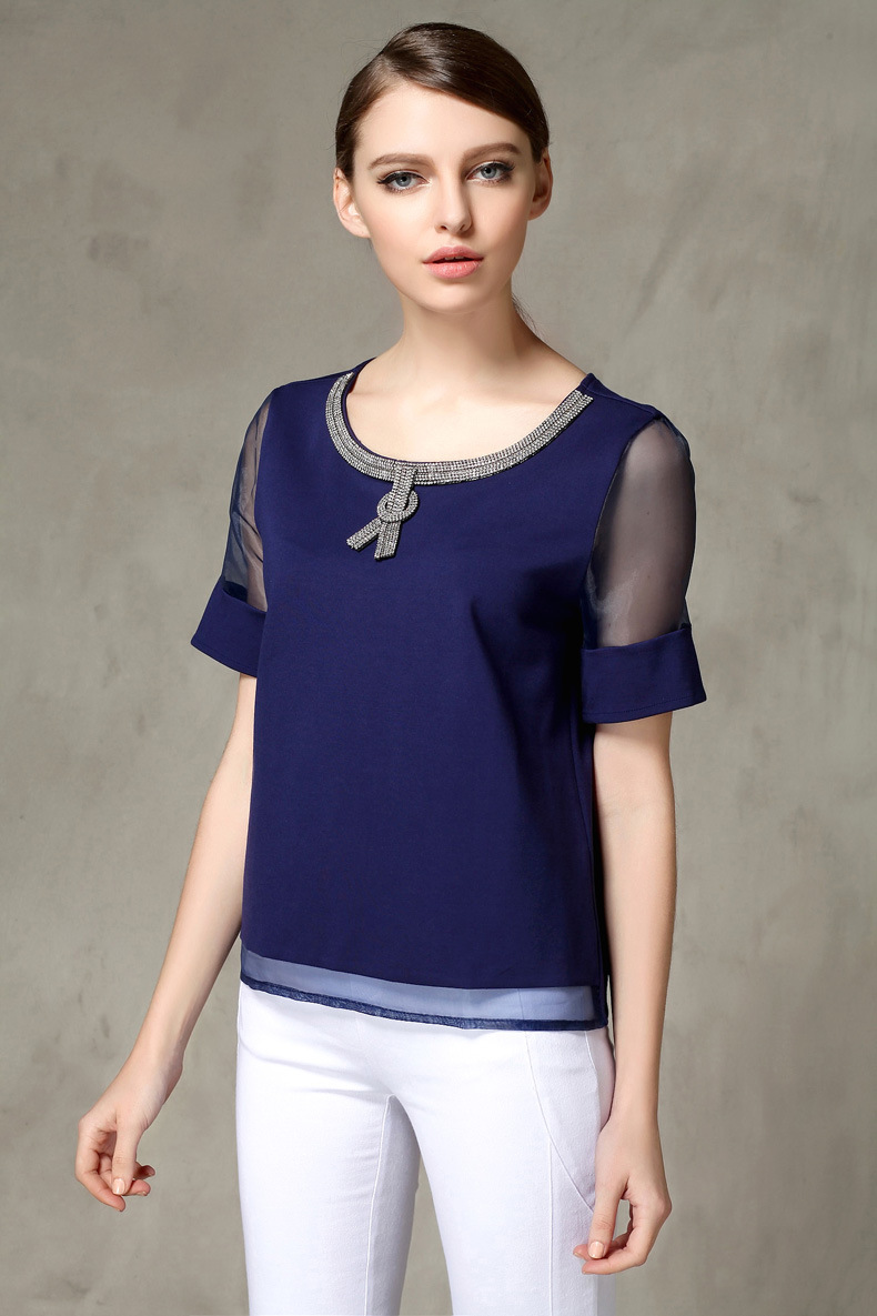 2015夏装新款1336欧根纱短袖t恤直筒圆领镶钻上衣91073