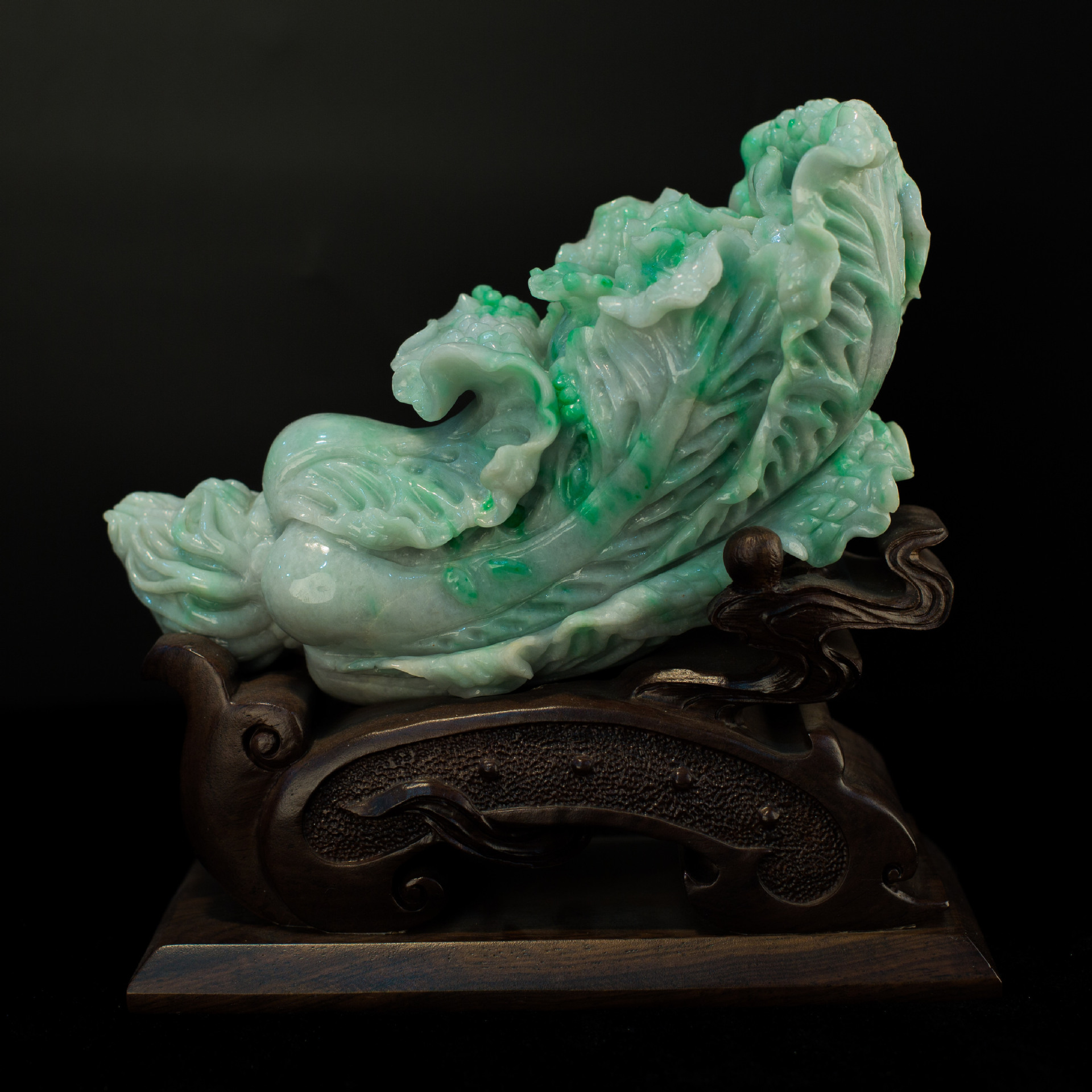 雕刻工艺抛光缅甸玉摆件纳百财 沉雕/线雕天然翡翠a货白菜玉器