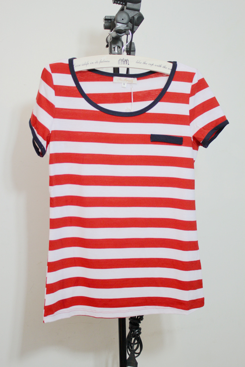 韩版条纹女t恤红白宽松修身t恤短袖海军风上衣2014新款