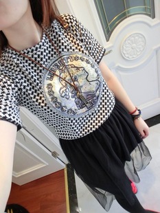 junjun女装正版 2014新款千鸟格拼接网纱半袖连衣裙 女