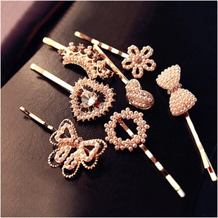 [6380]韩版发饰头饰品 珍珠水钻蝴蝶结发夹一字夹边夹刘海夹5g