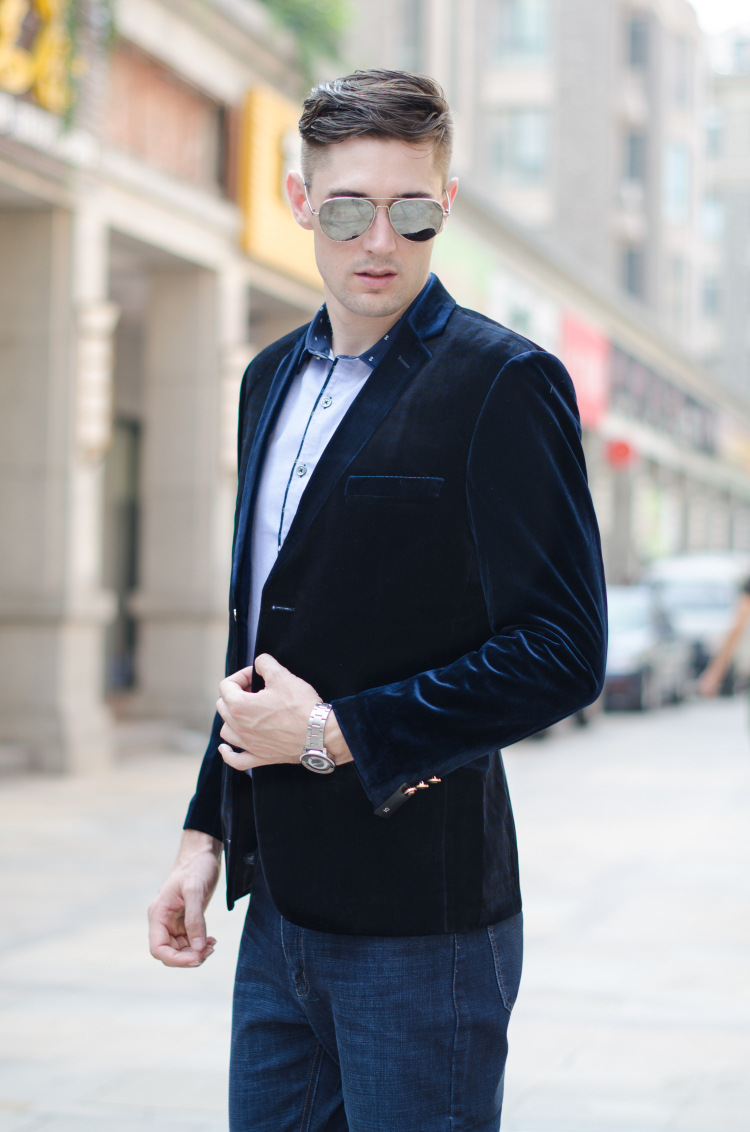 男装西服 型男修身金丝绒两粒扣暗格男式西装 休闲绅士单西