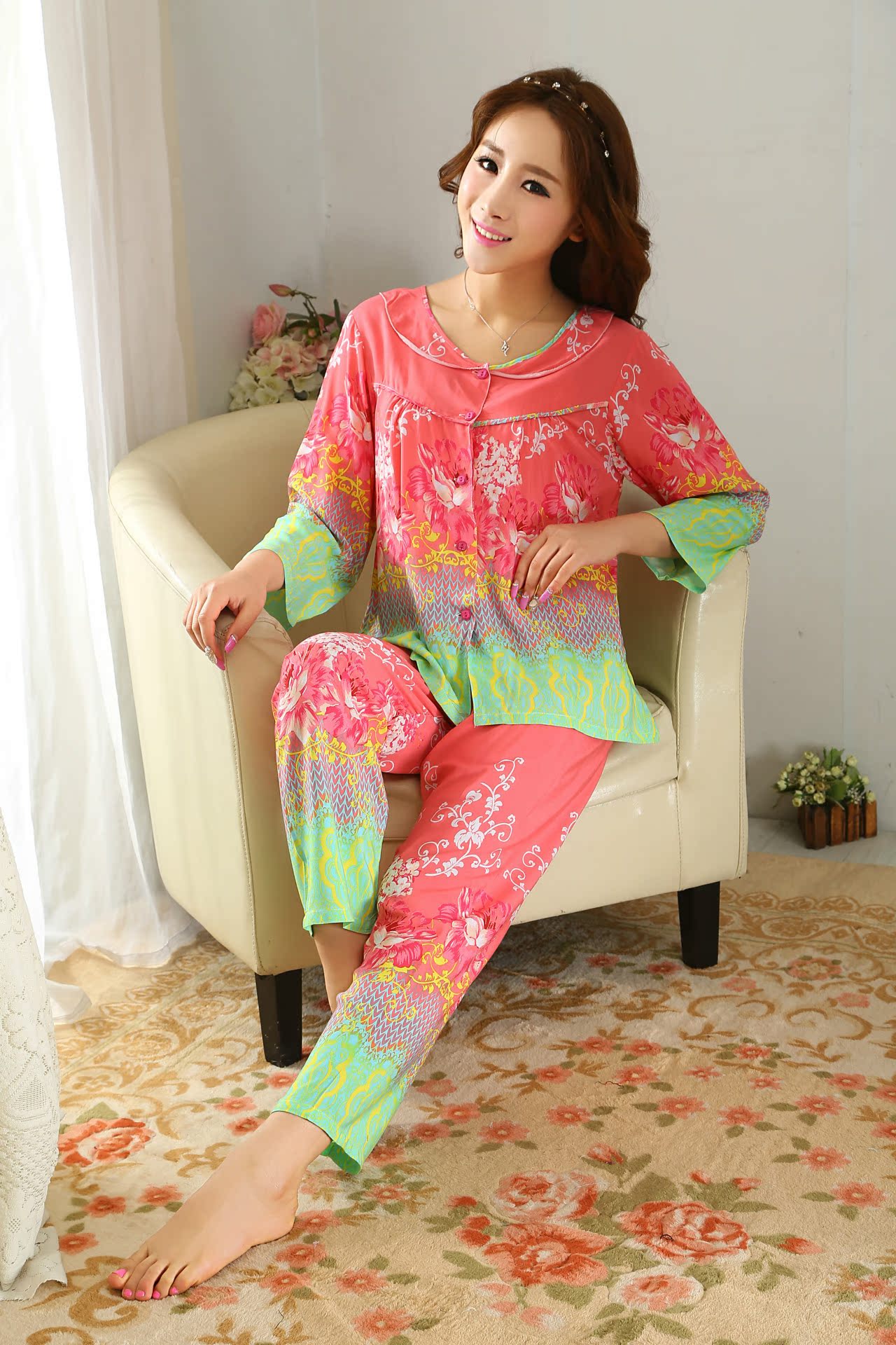 春秋季新品韩版女士绵绸睡衣套装长袖大码家居服全棉睡衣女