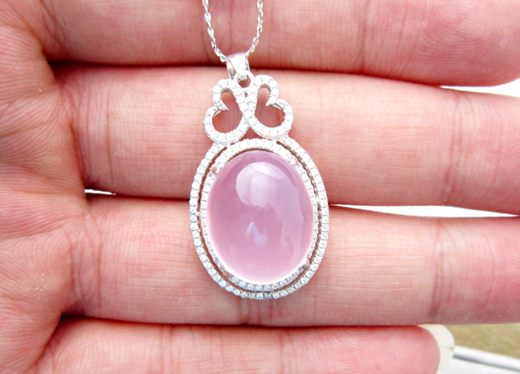 天然粉水晶吊坠 芙蓉石项坠 s925银镶嵌大宝石项链 时尚银饰代工