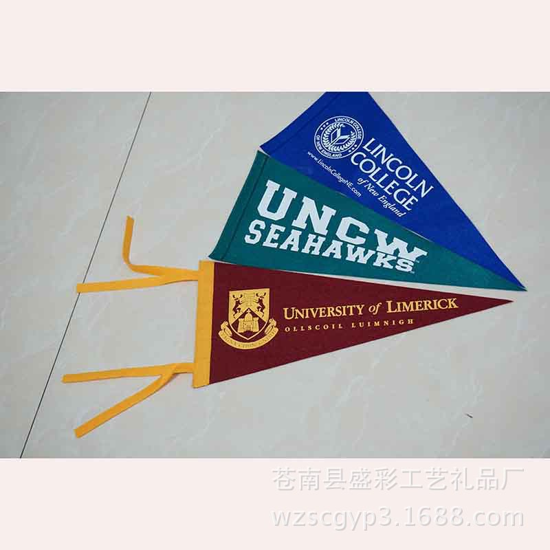 供应流苏毛毡三角旗 美国大学开学旗帜 单面发泡印刷旗帜