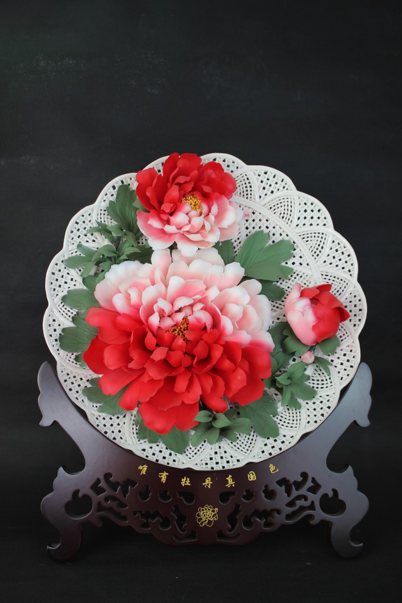 16寸陶瓷挂盘牡丹陶瓷花盘纯手编工艺品家居装饰品摆件礼品瓷2号