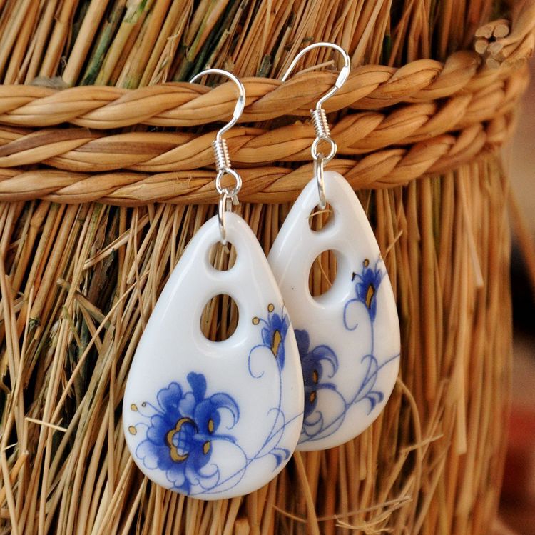 原创手工民族风陶瓷首饰青花瓷耳环耳饰创意礼物