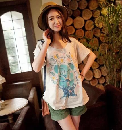 14-4-13 日单外贸 甜美侧面蕾丝文艺小象印花圆领大码宽松女t恤