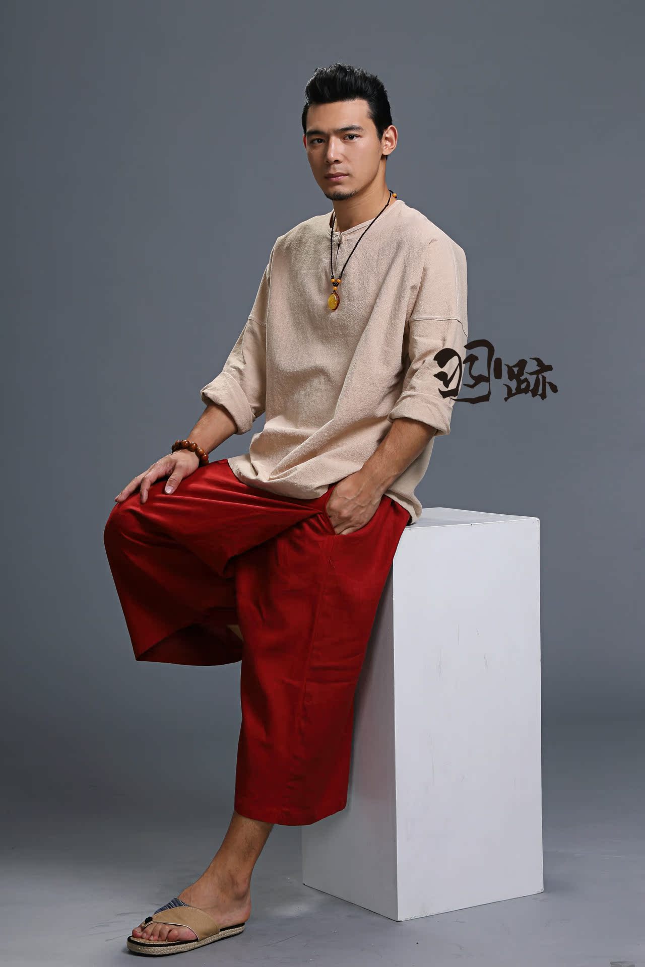 中式改良长袖男t恤 原创品质亚麻木扣男套头衬衫 中国风 批发