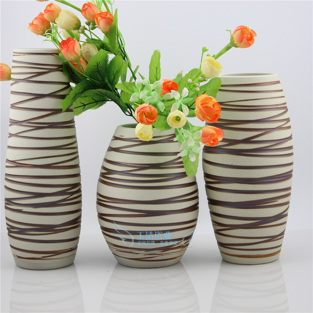 景德镇陶艺花瓶 高档磨砂羽毛陶艺三件套花瓶装饰摆设工艺品