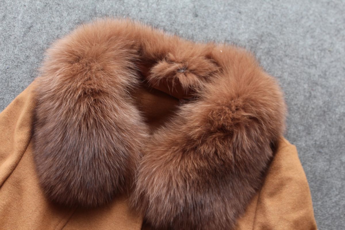 外贸欧美女装店原单尾货批发欧洲站 羊绒拼兔毛领大摆外套 领可拆