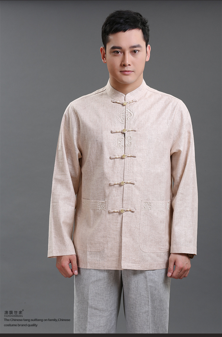 中式老粗布亚麻盘扣衬衫男士唐装长袖长衫立领修身一字扣