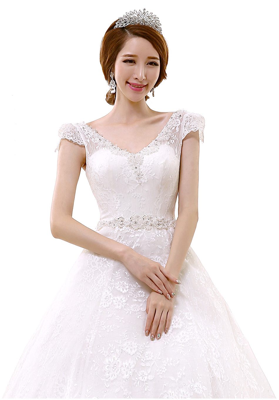 双肩v领款拖尾婚纱礼服 一字肩性感高腰婚纱 绣珠款婚纱礼服批发