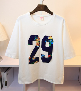 实拍29数字 彩色花朵短袖 卫衣宽松大码显瘦 t恤 f2-12