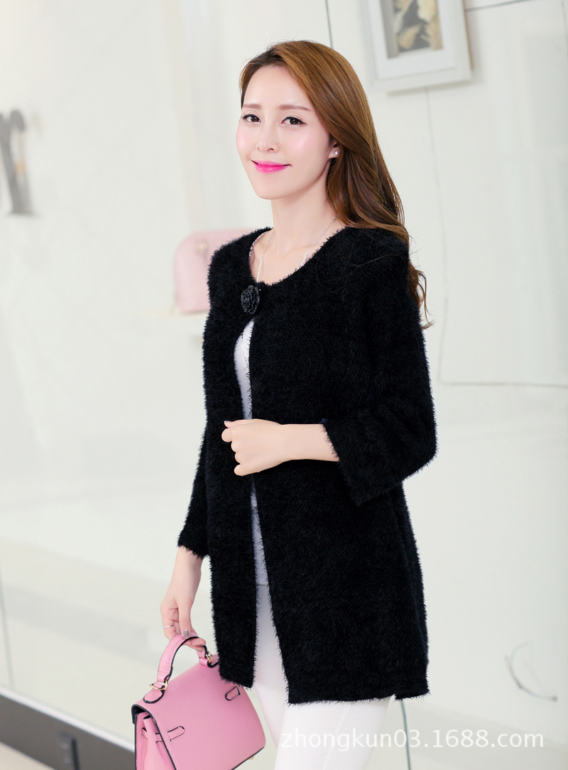 韩版宽松马海毛 中长款外套毛衣 针织衫开衫元丽抒明星款