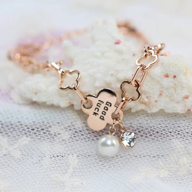 批发实拍欧比雅比 正品镀18k金四叶草珍珠大气韩版时尚手链 手环