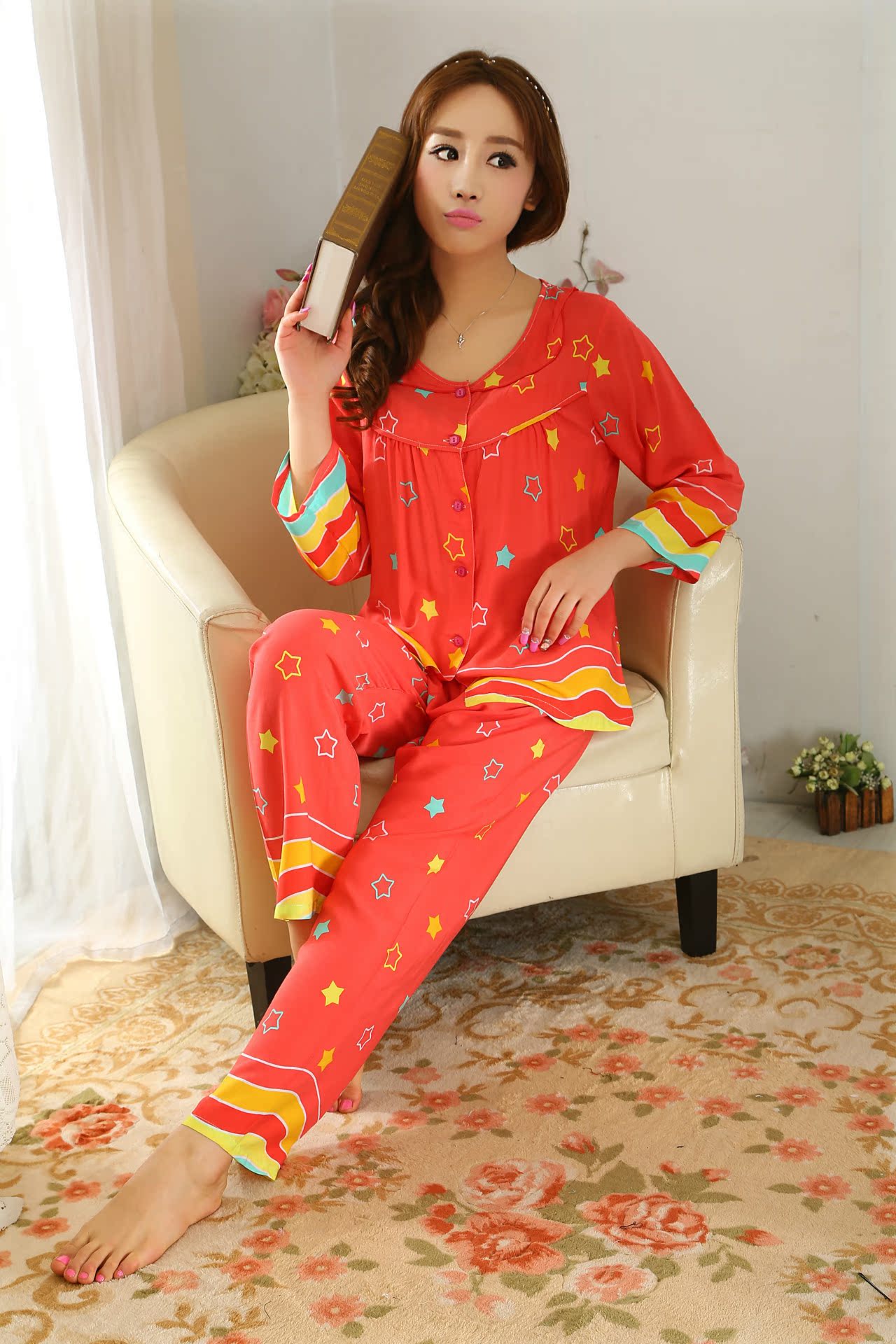 春秋季新品韩版女士绵绸睡衣套装长袖大码家居服全棉睡衣女