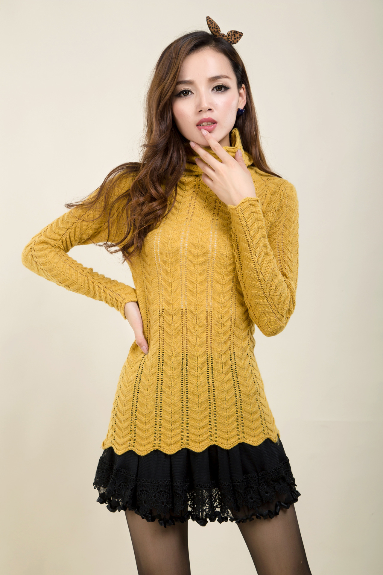 14新款 韩版3d波浪花纹钩花镂空 糖果色花瓣边高领套头针织衫