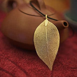 高品质天然树叶镀24k真金 金叶子项链 叶脉项链项饰 厂家直销