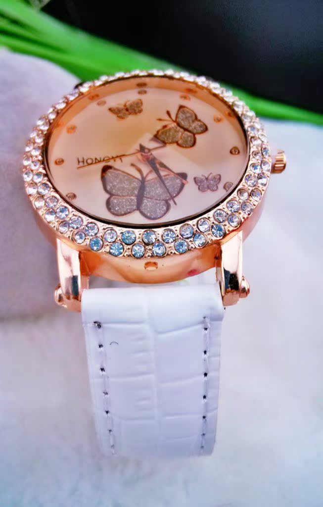 a蝴蝶镶钻表盘女士皮带石英指针手表,女表 厂家直销#9