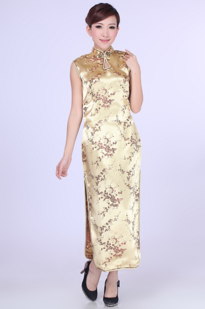 复古唐装高开叉裙-长款性感中式礼服-梅花无袖长旗袍 大红图片_40