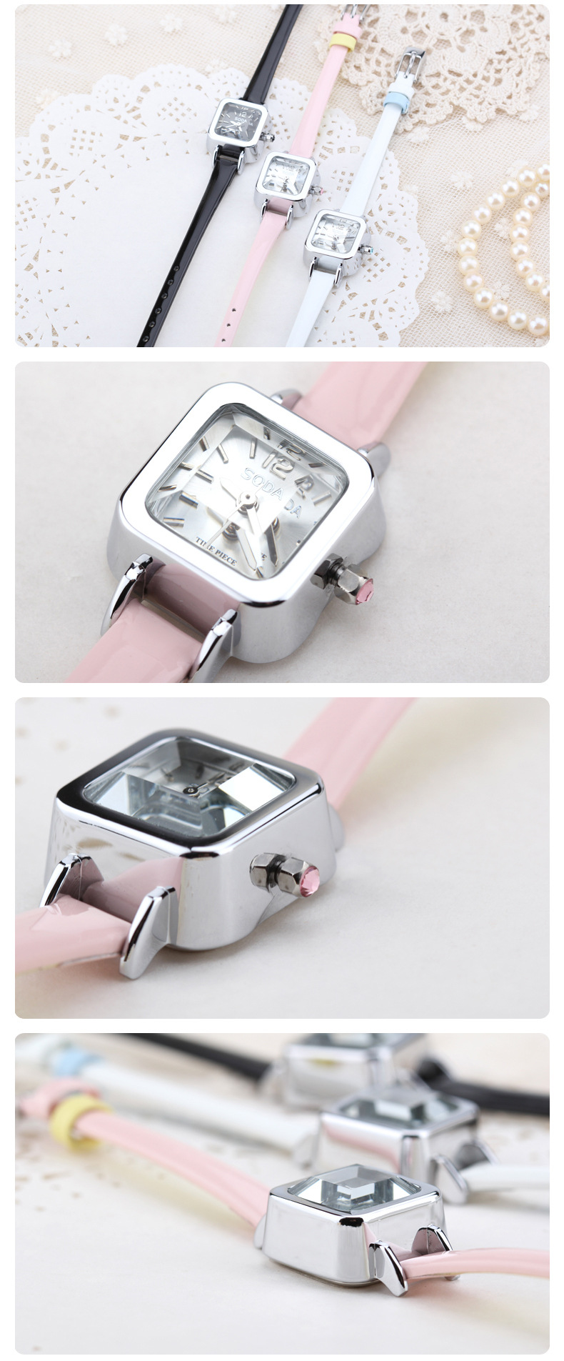 正品韩国soda原厂手表 时尚学生少女时装手表 防水 真皮010黑