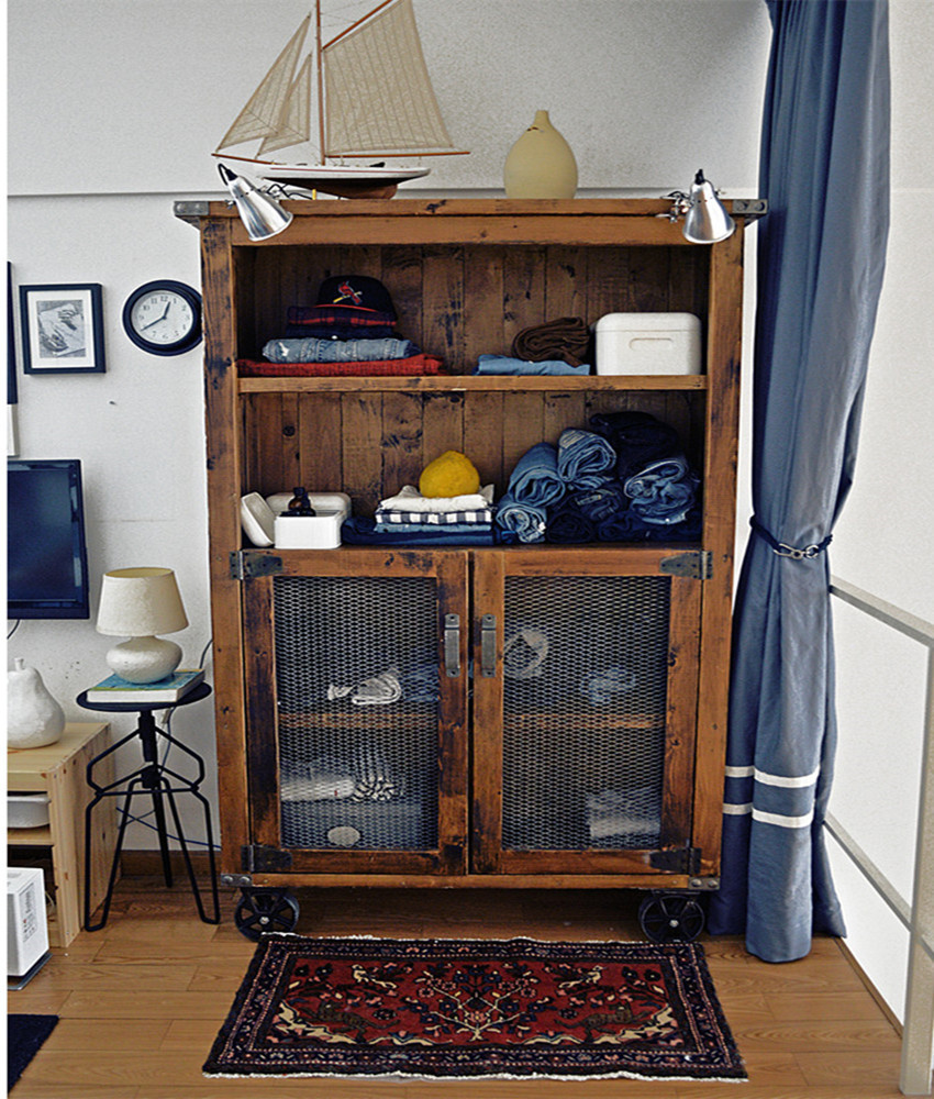 美式乡村复古做旧实木家具回收木双门衣柜衣橱仿古