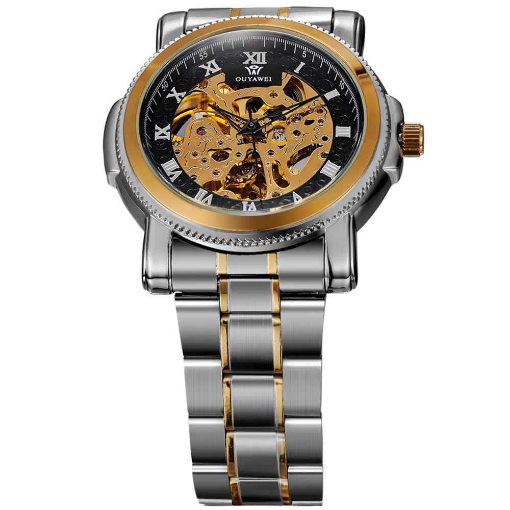 ouyawei欧亚威自动手表钢带防水运动手表男士镂空机械手
