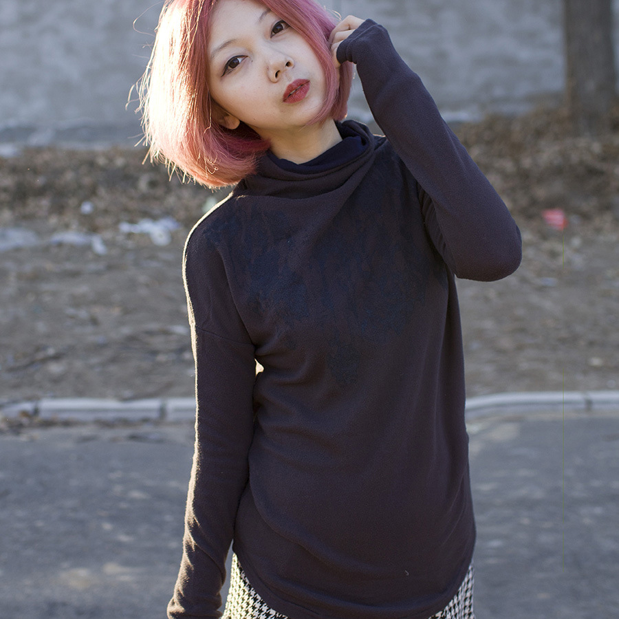 外贸出口韩国元旦女式高领植绒印花蝙蝠袖宽松中长款t恤