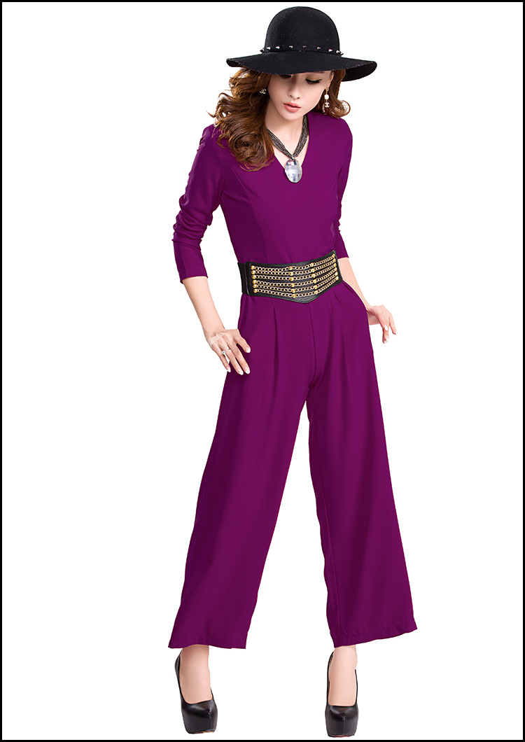 2015春装新款欧美时尚街头v领性感连体裤修身显瘦长袖连衣裤89665