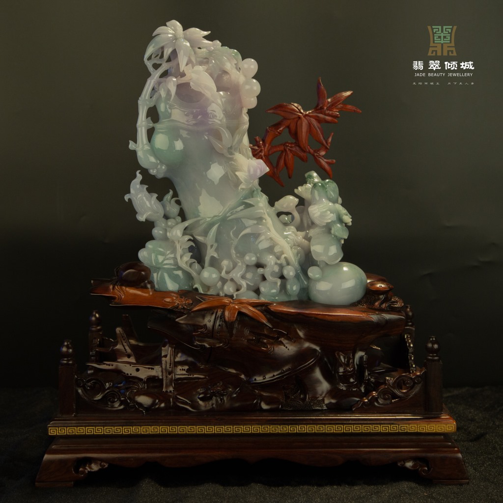 缅甸玉天然翡翠a货 糯冰带紫花鸟翡翠摆件 节节高 可出证书