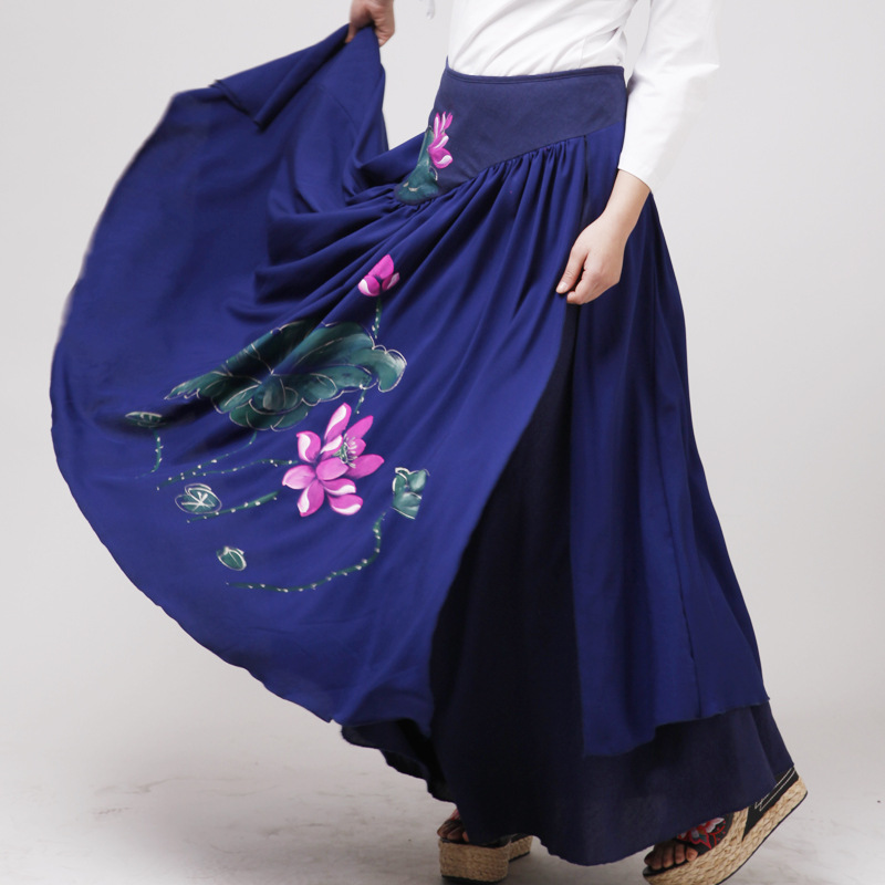 莲荷 原创 民族风 手绘荷花 松紧腰 双层 大摆 半身裙图片_8