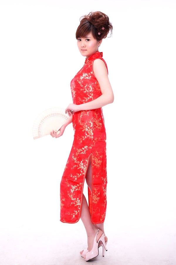 复古唐装高开叉裙-长款性感中式礼服-梅花无袖长旗袍 大红图片_36